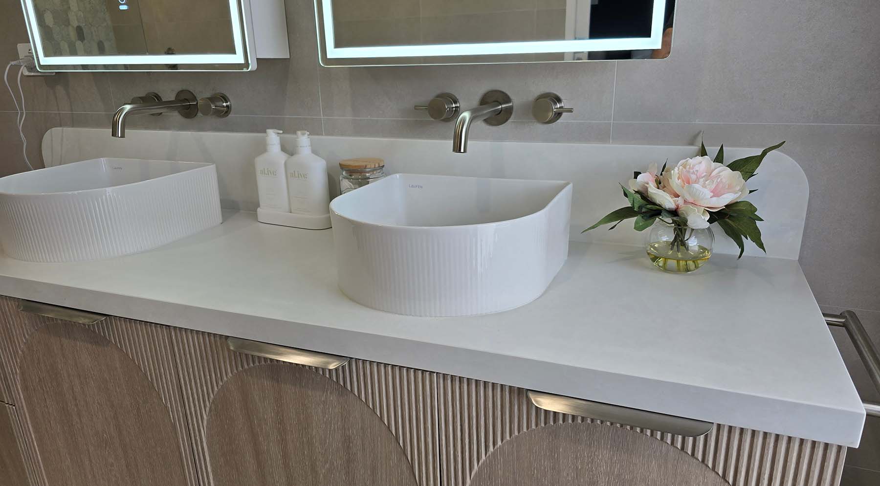 Modern bathroom vanity with rose-themed decor in Narre Warren.