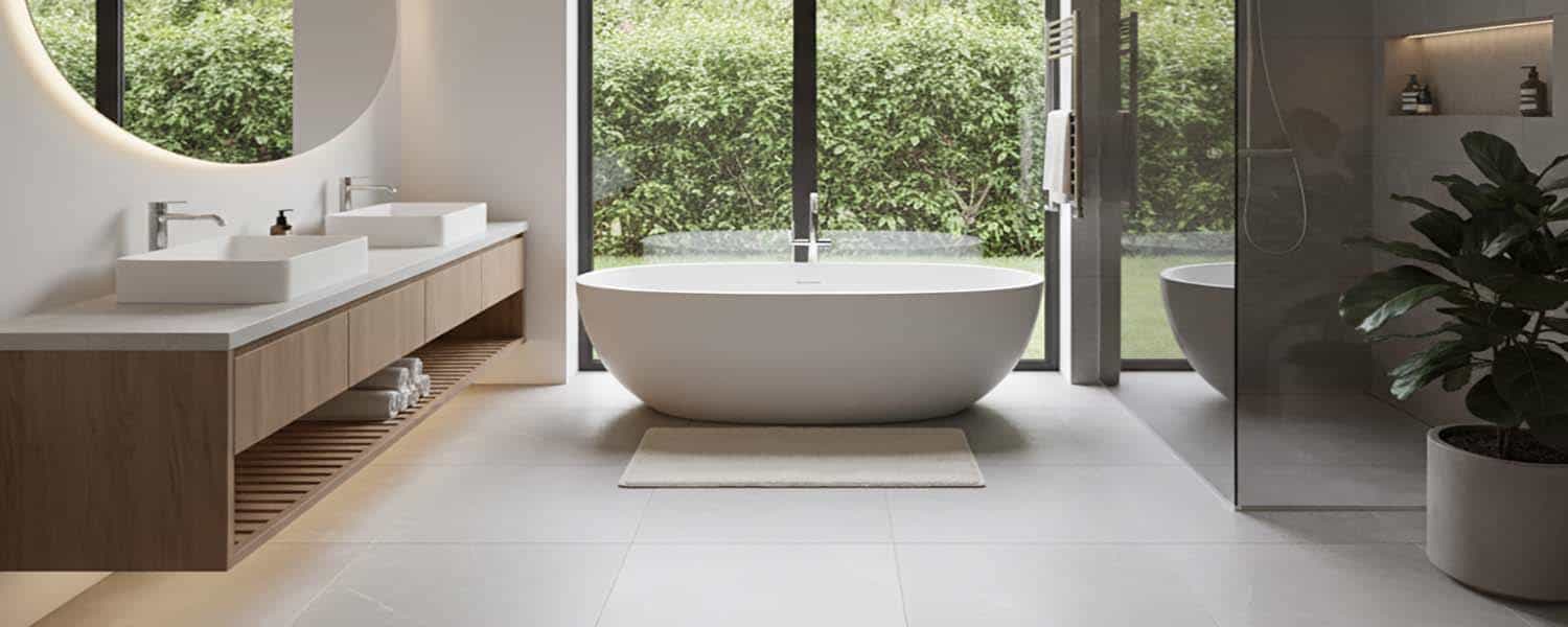 Freestanding bathtub in a contemporary bathroom with large windows and natural light.