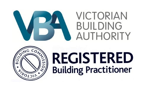 Victorian Building Authority logo, registered building practitioner badge.