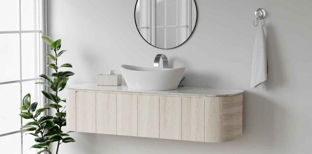 Elegant bathroom vanity with a sleek vessel sink and minimalist design.
