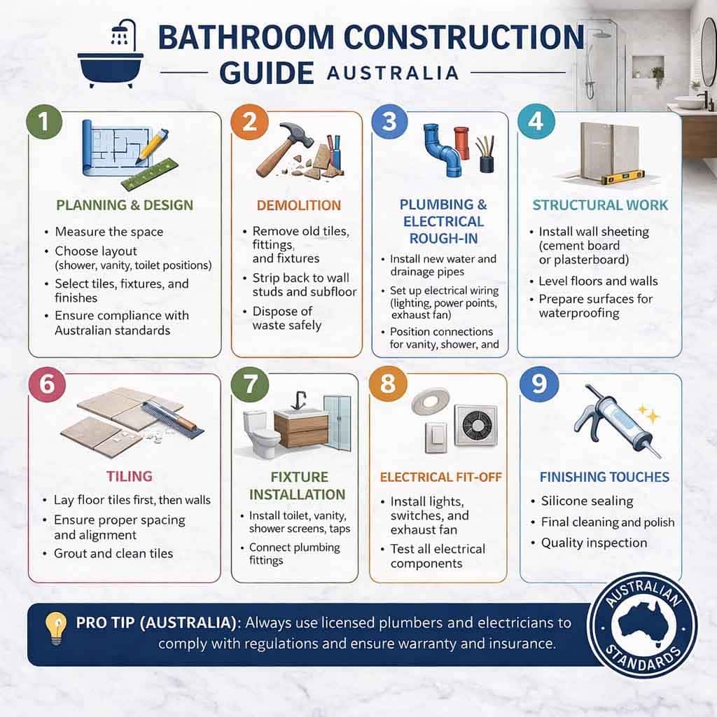 Step-by-step bathroom renovation process in Australia with planning, demolition, plumbing, structura.