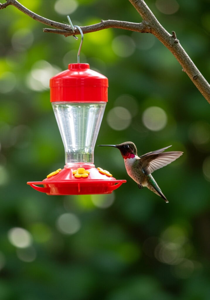 Scientific illustration of a hummingbird sipping nectar from a red feeder in a lush garden setting ideal for attracting hummingbirds with fresh homemade hummingbird nectar for vibrant birdwatching.