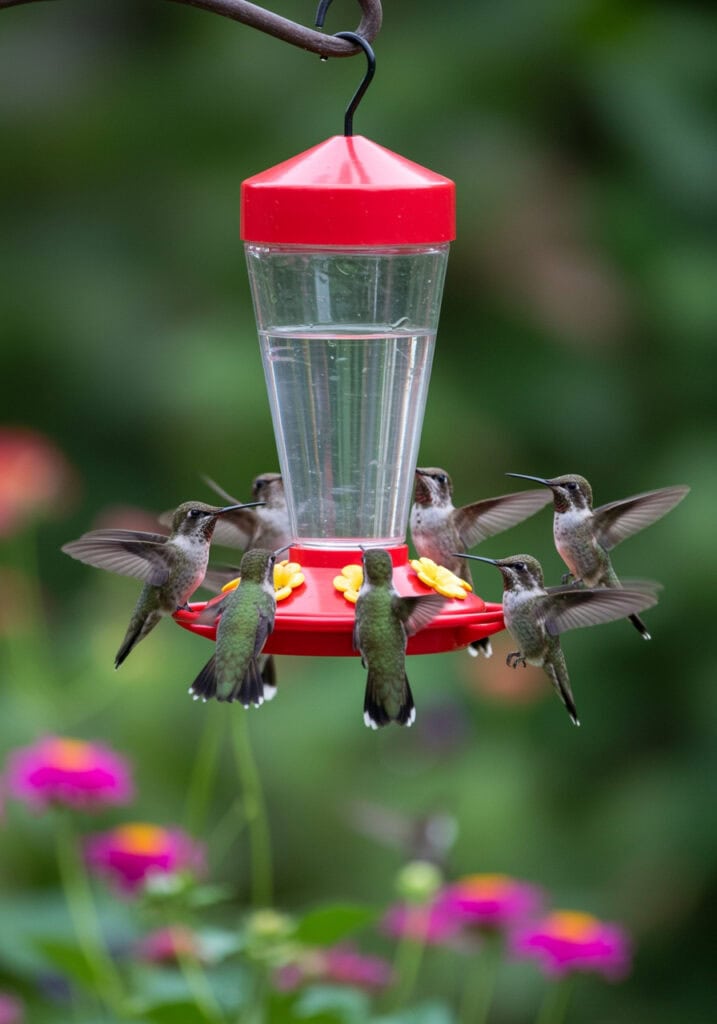 Scientific Illustration of hummingbirds gathering around a vibrant red feeder sipping nectar in a lush garden setting. Discover tips on attracting these birds with DIY hummingbird nectar solutions.