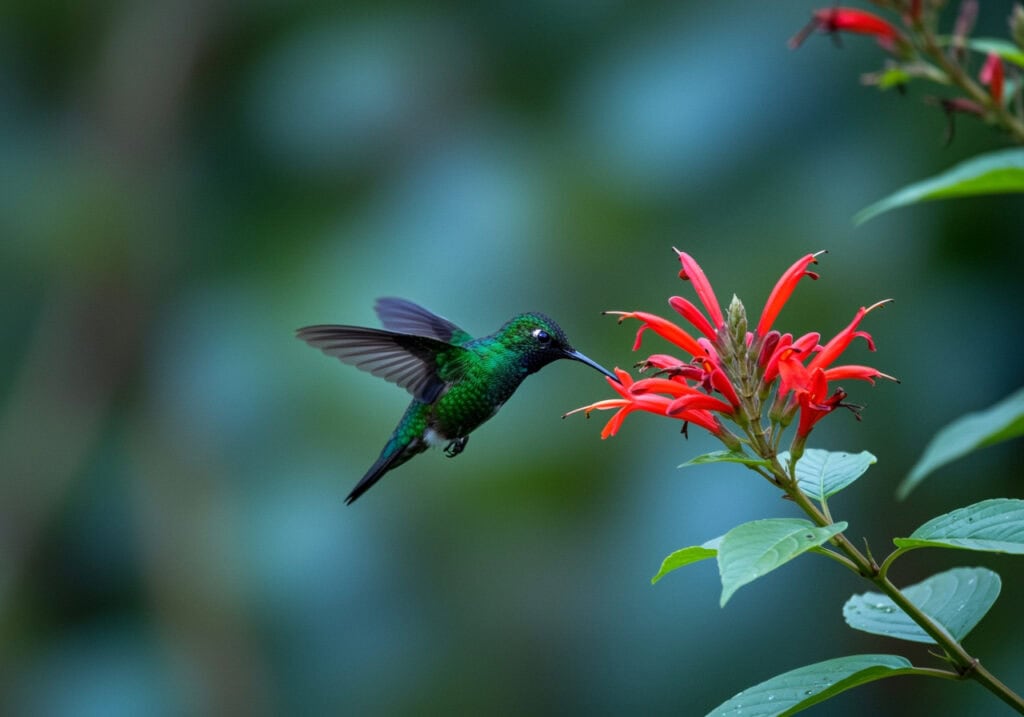 Scientific Illustration of a hummingbird drinking nectar from vibrant red flowers in a lush green garden illustrating the beauty of nature and the importance of hummingbird nectar for nourishment.