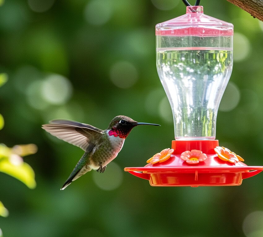 Hummingbird sipping nectar from a red feeder in a lush garden setting highlights the importance of properly formulated hummingbird nectar for attracting vibrant birds.