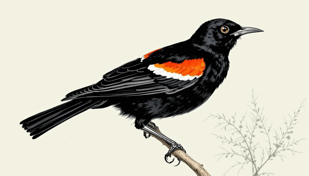 Scientific Illustration of a Red-winged Blackbird perched on a branch showcasing its distinctive red and yellow shoulder patches against a light background for nature enthusiasts.