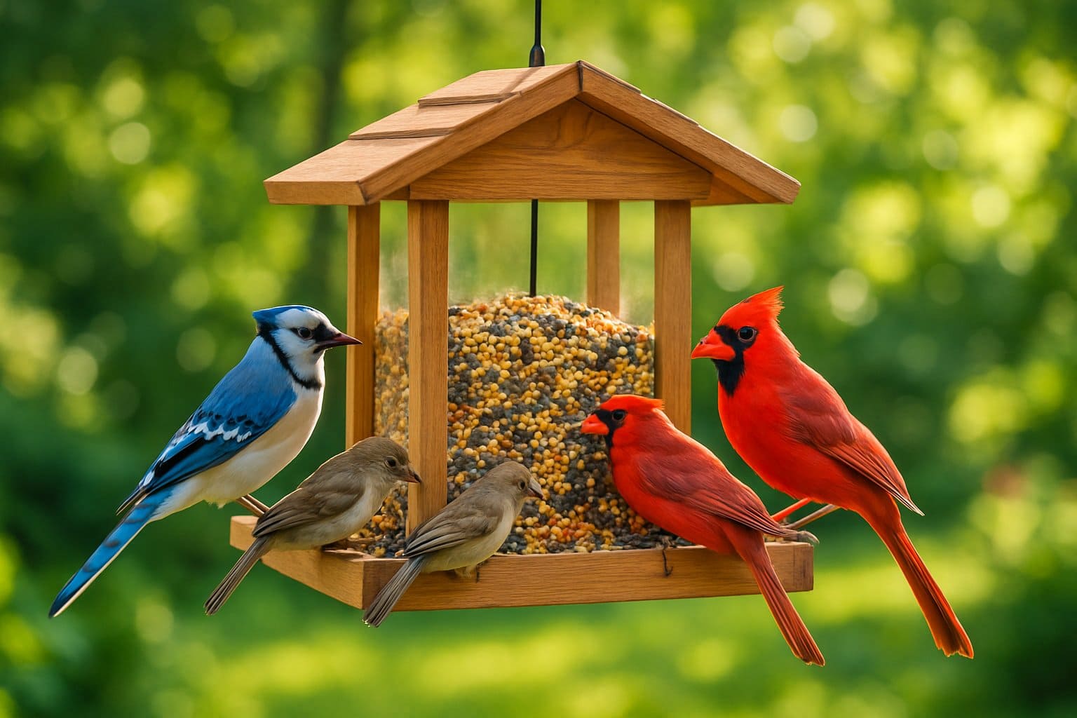 Scientific Illustration of a bird feeder hanging outdoors with small birds feeding on it surrounded by green foliage.