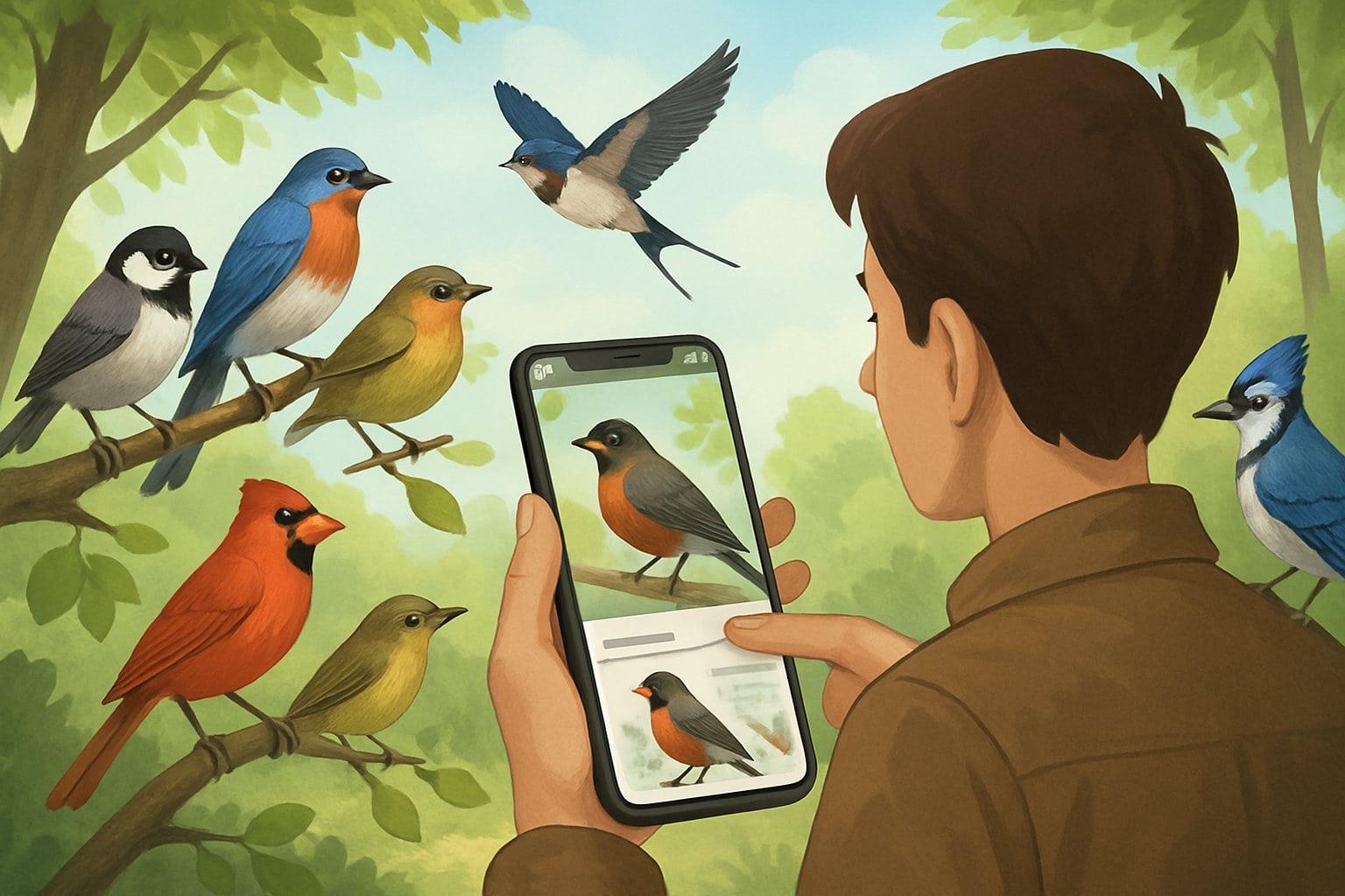 Illustration of a person using Bird Identification App to recognize various colorful birds perched on tree branches in a vibrant forest setting. Enhances birdwatching experience.