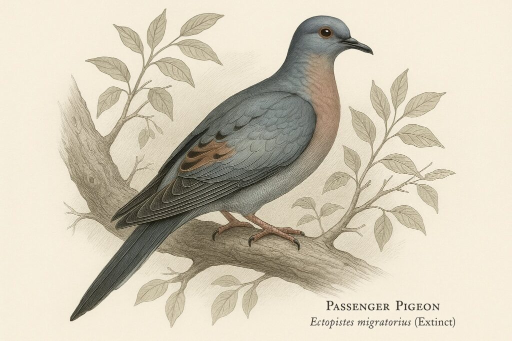 Passenger Pigeon Scientific Illustration depicting the extinct bird perched on a branch with detailed plumage and foliage. Ectopistes migratorius beautifully rendered.