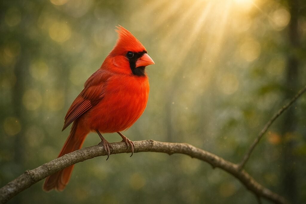 Scientific Illustration of a vibrant Red Cardinal perched gracefully on a branch bathed in sunlight representing spiritual meaning and symbolism in nature with a serene forest background.