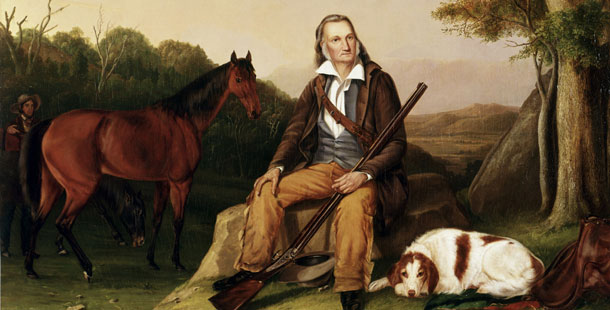 A portrait of John James Audubon seated outdoors with a rifle and a dog by his side capturing the essence of nature and wildlife artist John James Audubon.