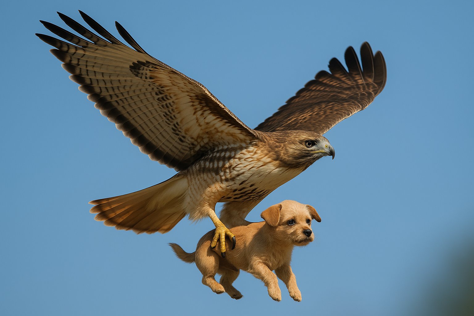 A majestic hawk soaring in the sky while carrying a small dog under its talons featuring a clear blue sky as the backdrop reflecting unique wildlife interactions.