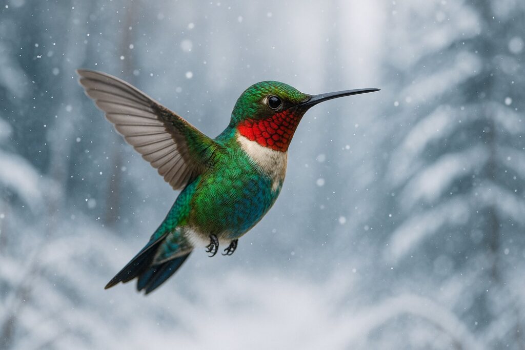 Scientific illustration of a hummingbird flying gracefully in the snow showcasing delicate feathers and vibrant colors in a winter landscape for educational purposes.