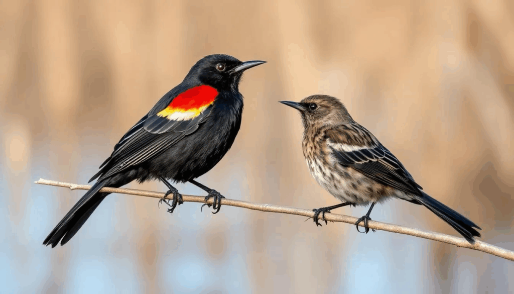 Male and Female Red-winged Blackbird perched on a branch with distinctive plumage highlighting the vibrant colors and natural beauty of these striking birds in their habitat.