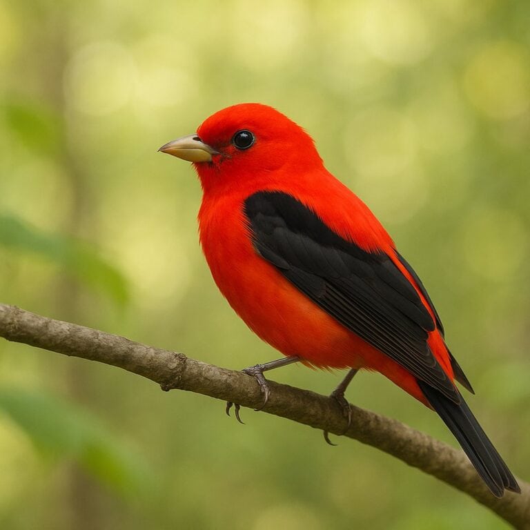 Scarlet tanager perched on a branch against a blurred green background highlighting its vibrant red plumage and black wings ideal for birdwatching and nature enthusiasts.