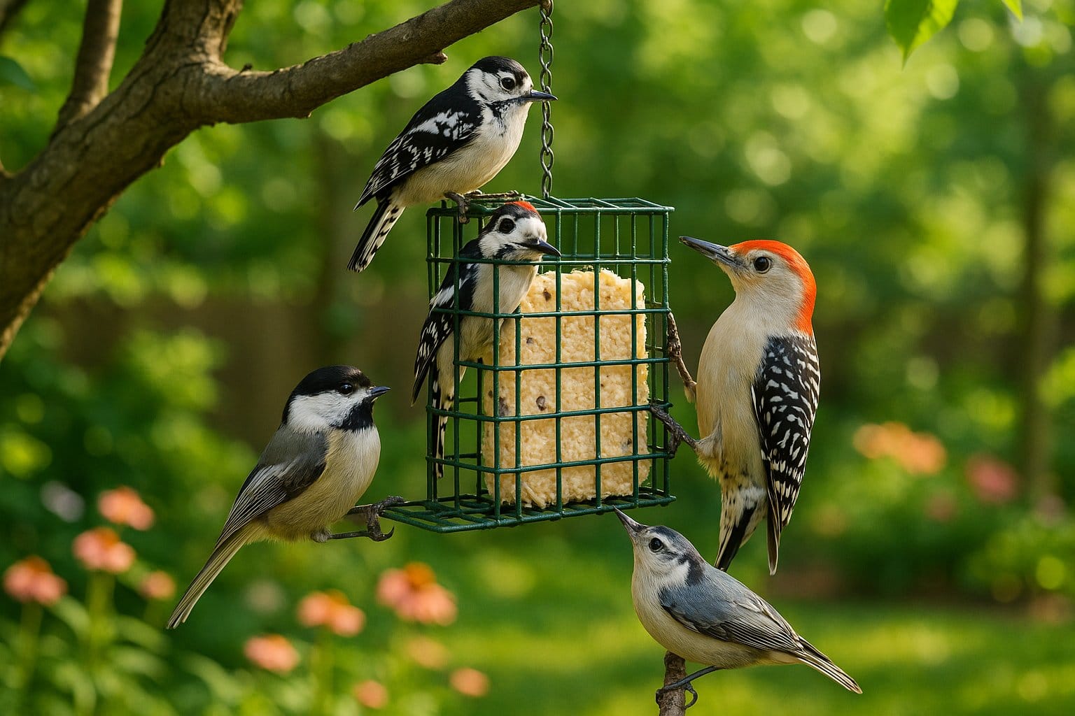 Birds are gathered around a suet feeder in a garden setting, showcasing natural bird feeding habits and the suet's role in attracting diverse bird species.