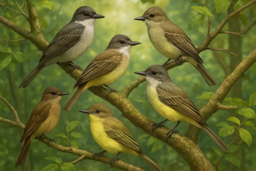 Scientific illustration of Tyrant Flycatchers perched on branches surrounded by lush green foliage showcasing their vibrant colors and natural habitat in a detailed artwork.