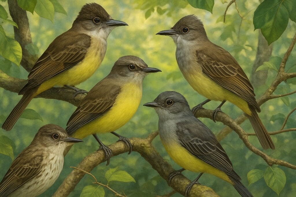 Scientific illustration of Tyrant Flycatchers perched on branches in a lush green habitat displaying vibrant plumage and showcasing avian diversity and behavior.