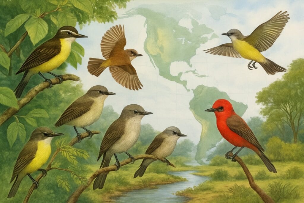 Scientific illustration showcasing various Tyrant Flycatchers perched on branches with a lush green landscape and a subtle map of the Americas in the background.