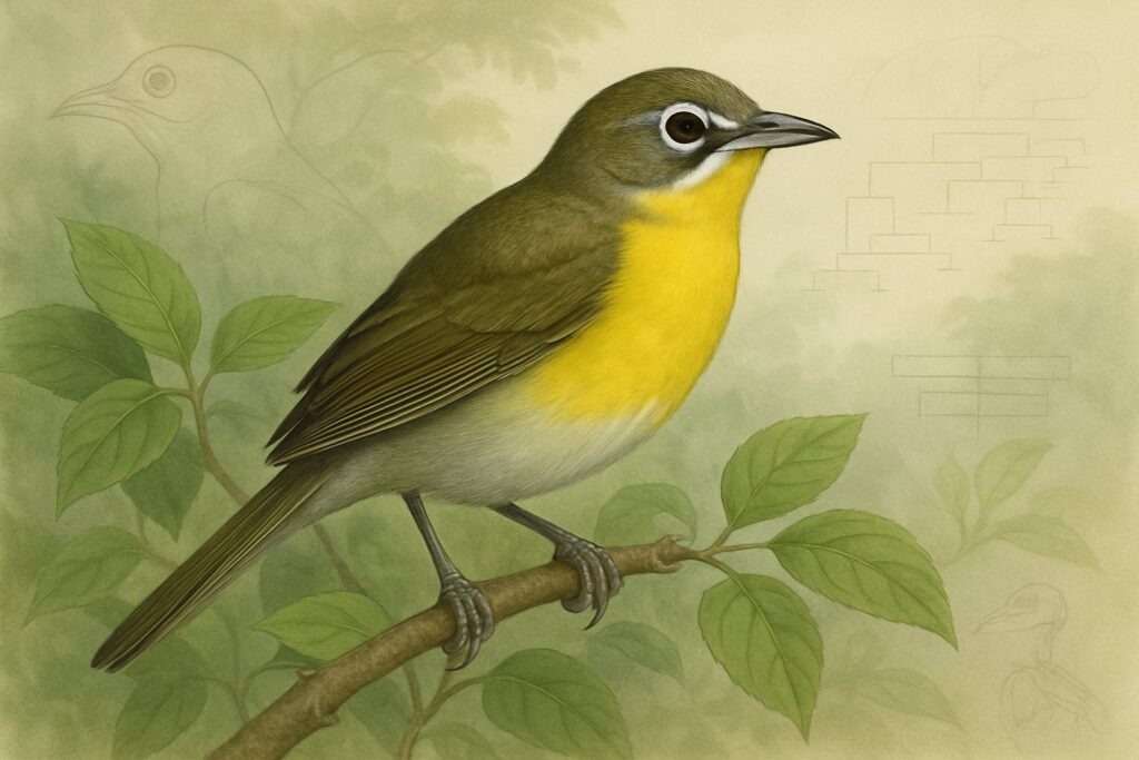 Scientific illustration Yellow-breasted Chat perched on a branch surrounded by green leaves showcasing its vibrant yellow chest and olive-green plumage against a soft nature-inspired background.
