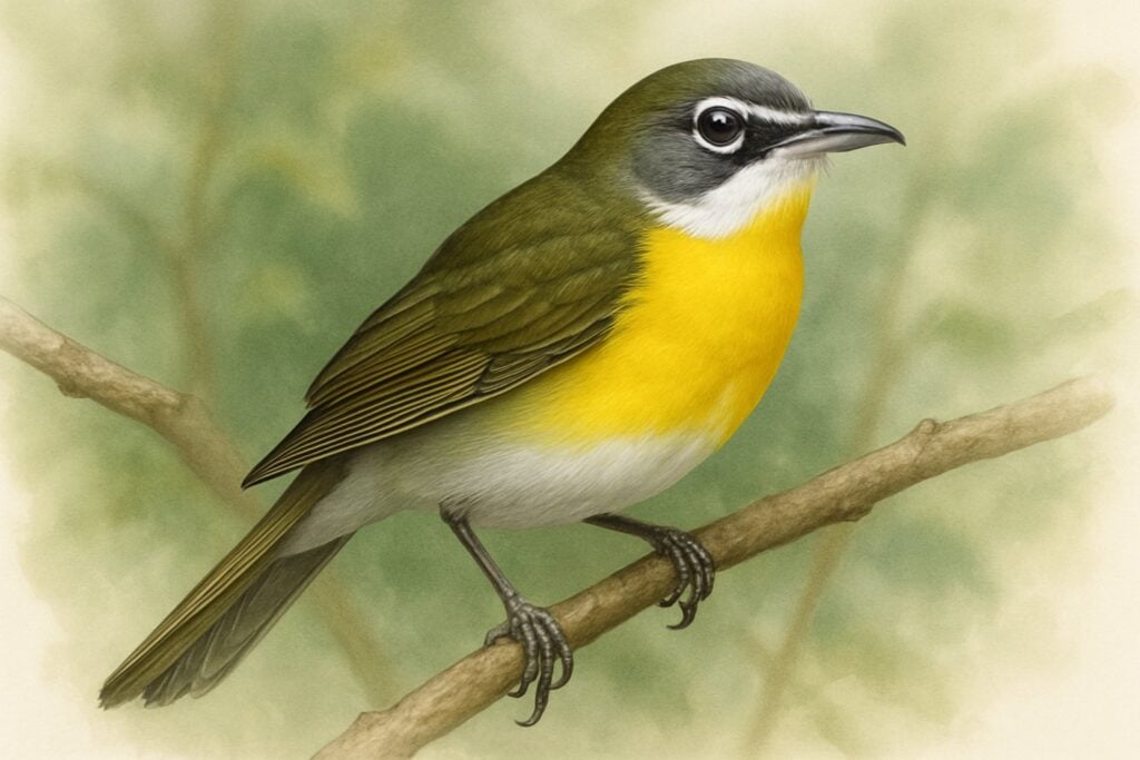 Scientific Illustration of a Yellow-breasted Chat perched on a branch showcasing its vibrant yellow chest and olive-green wings against a blurred natural background highlighting its unique features.