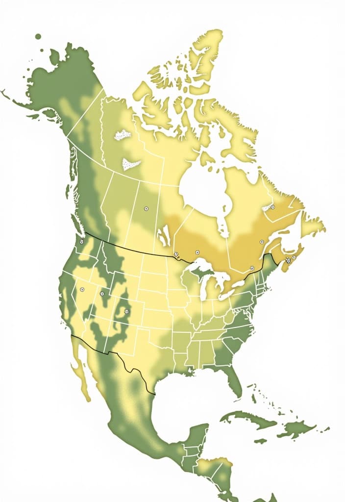 Map illustrating the yellow breasted chat migration routes across North America, highlighting key areas and patterns of movement for this bird species during migration season.