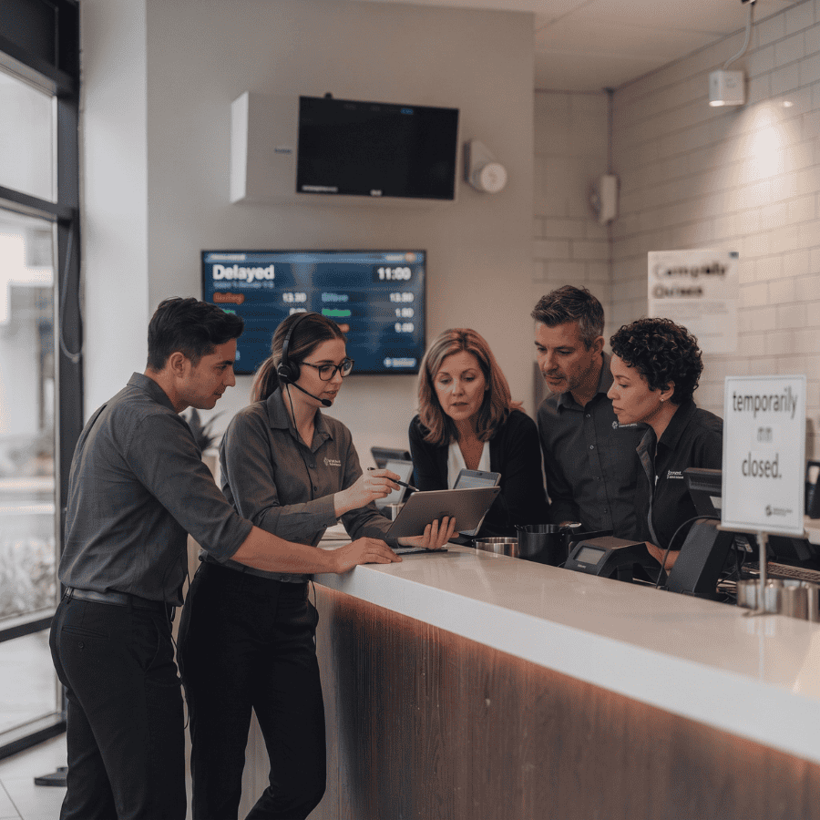 Customer service team managing customer inquiries during a crisis at Feedback ASAP.