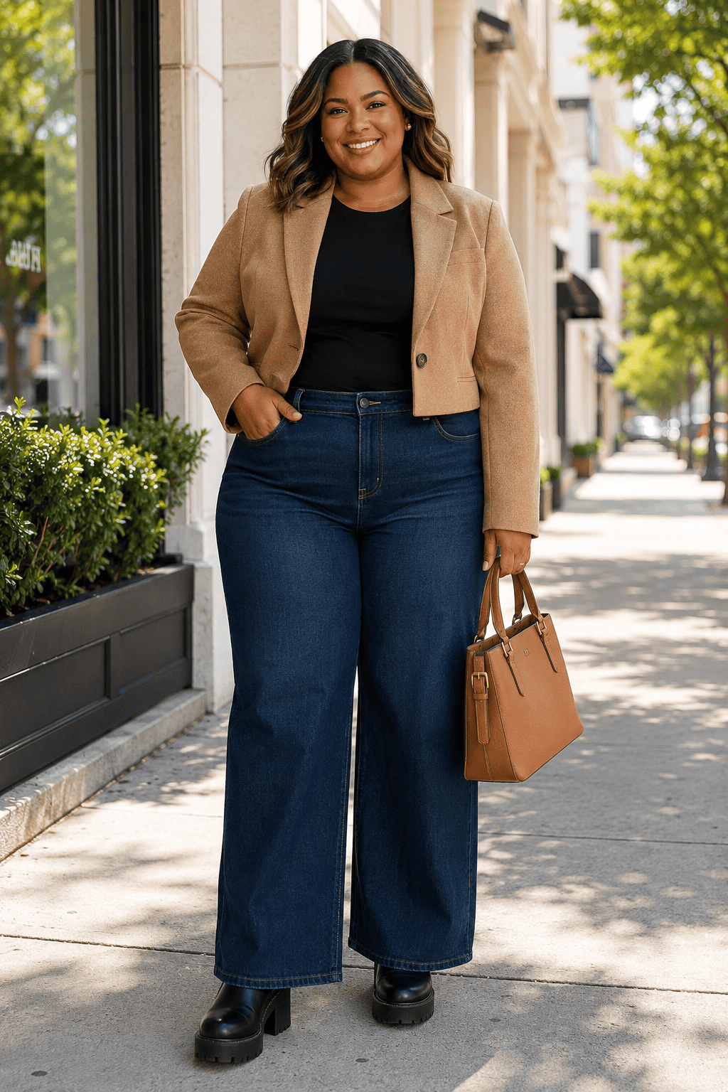 Plus size woman in fall outfit walking on city sidewalk with trees and buildings.