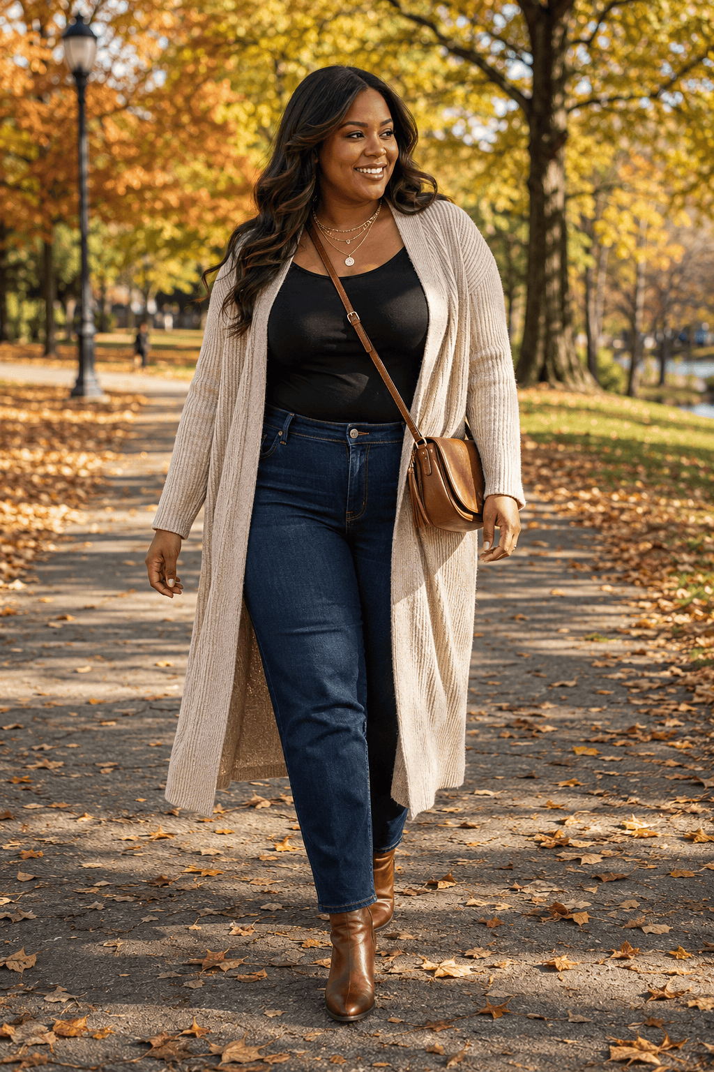 Plus size woman in fall outfit walking in park with autumn leaves.