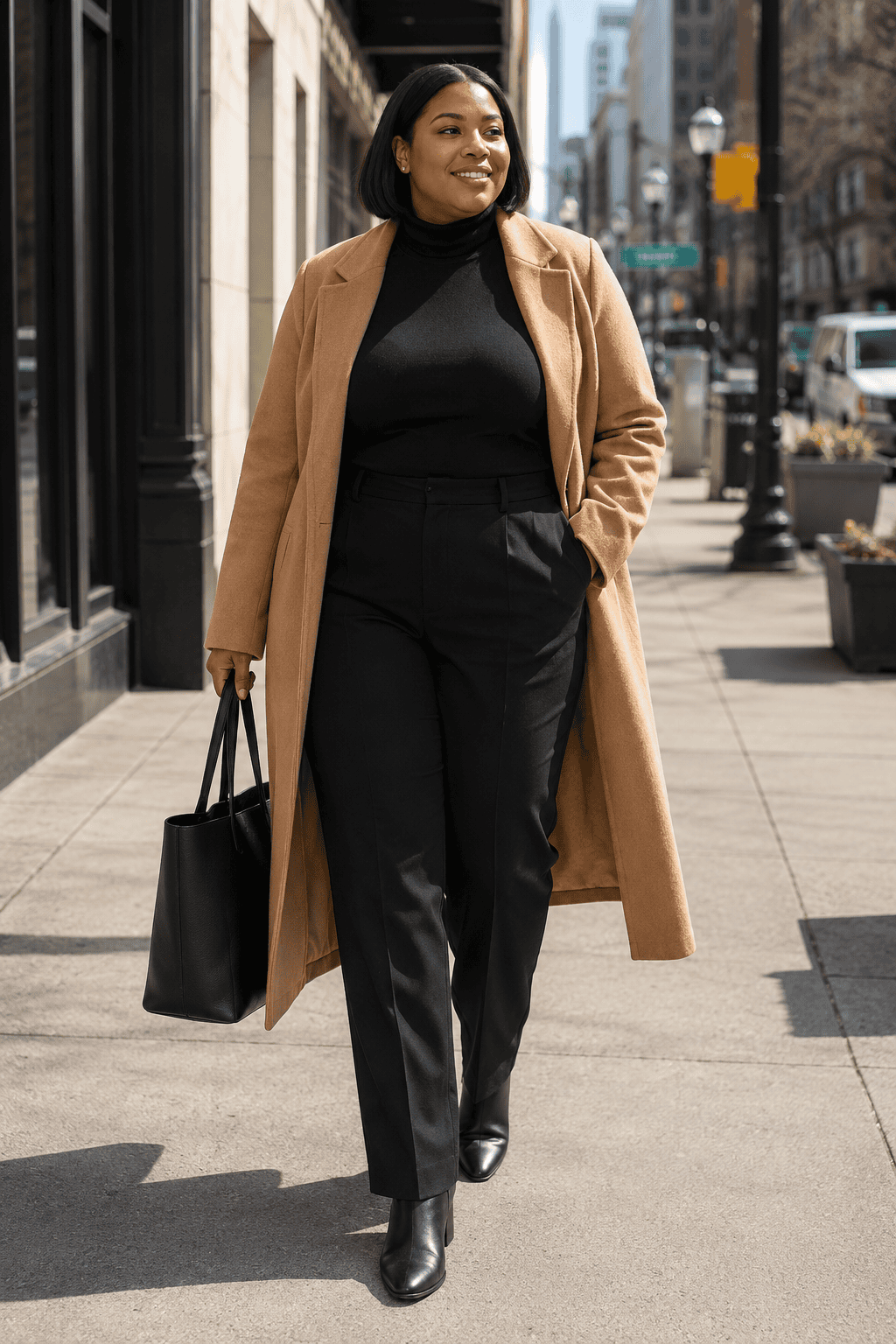 Plus size woman in fall outfit walking in city street with camel coat and black pants.