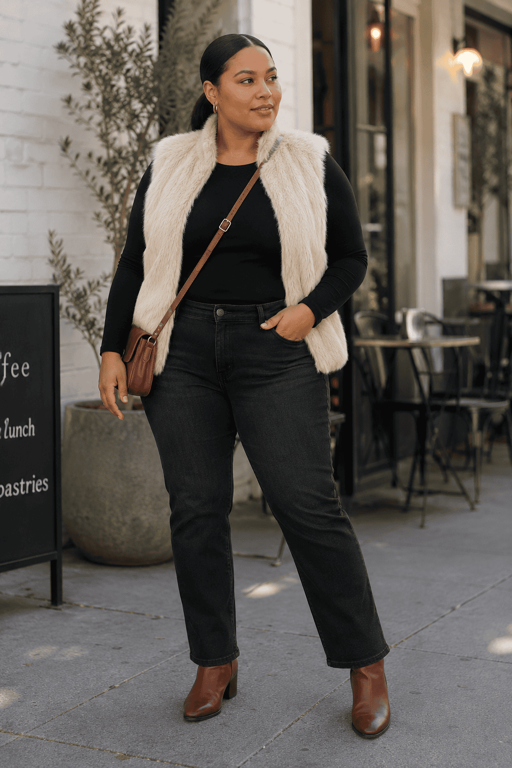 Plus size woman in fall outfit with vest and boots on city street.