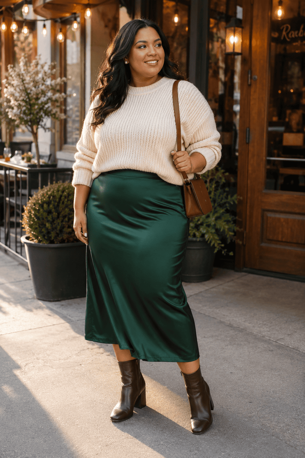 Plus size woman in a cream sweater and green satin skirt outside a cafe.