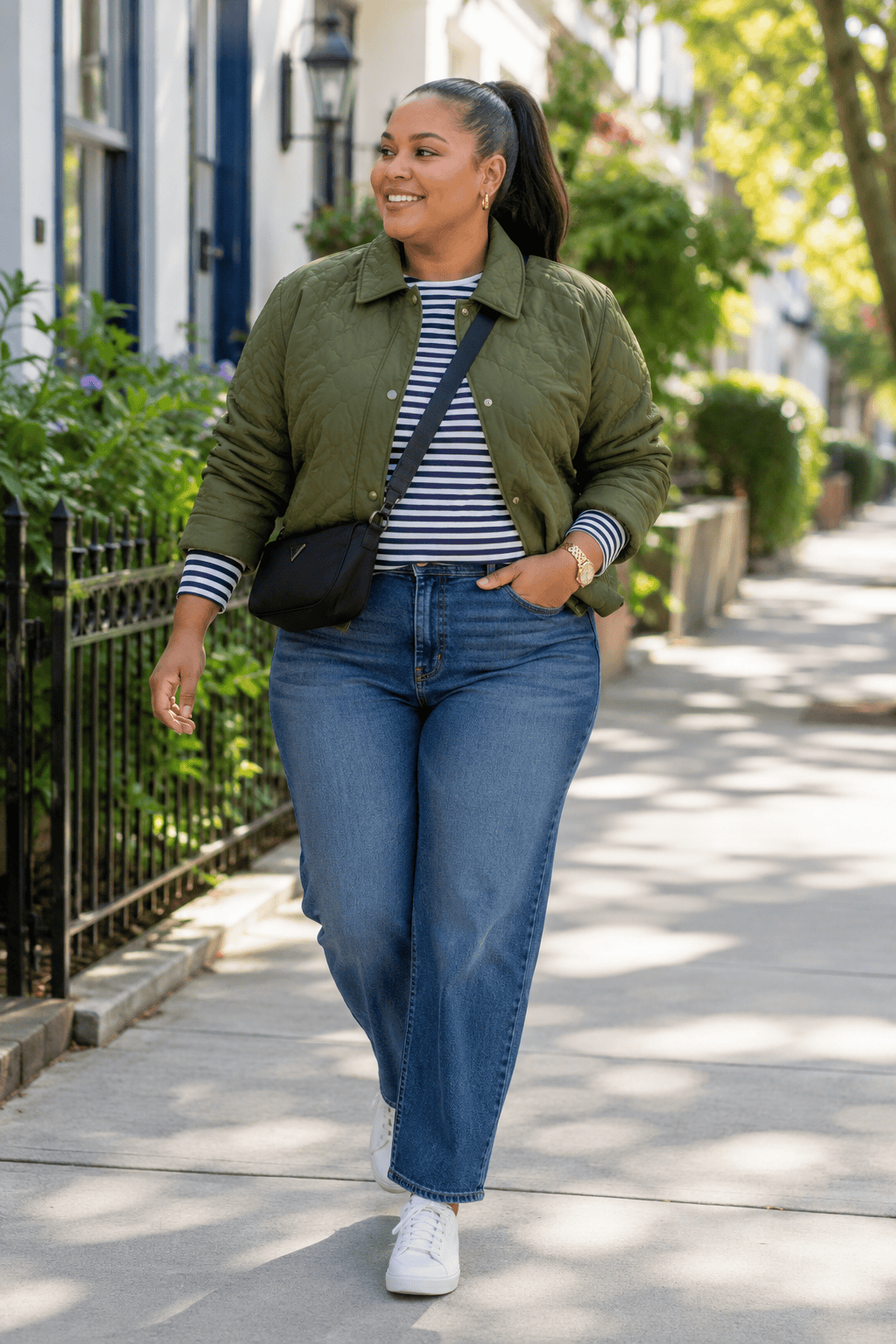 Plus size woman in fall outfit walking outdoors with a smile.