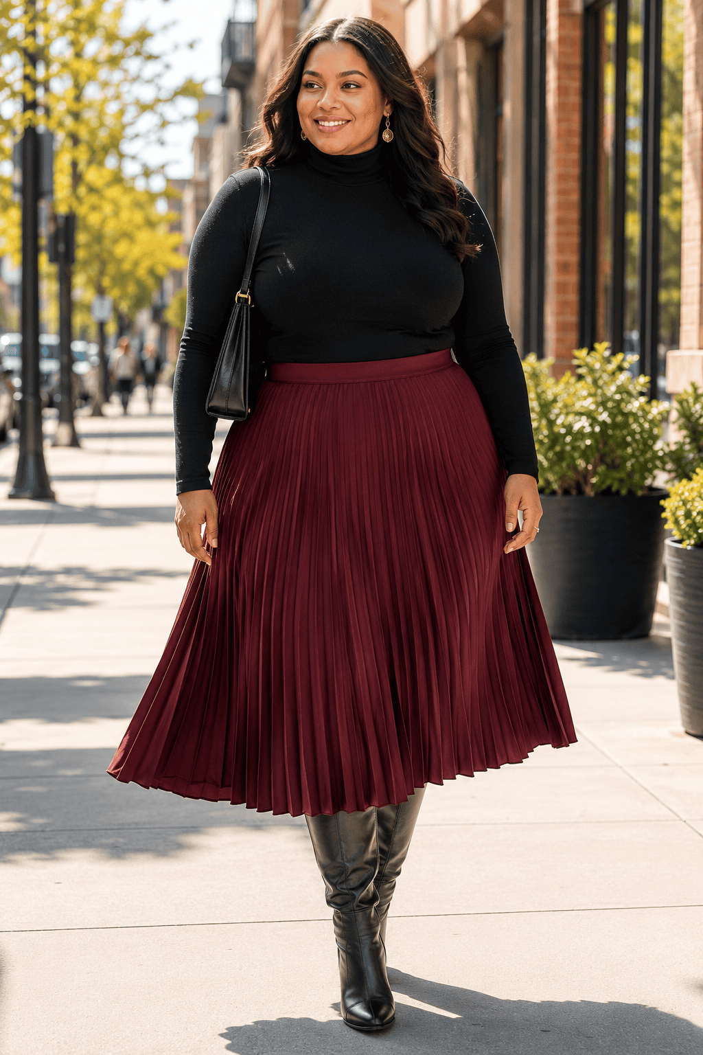 Plus size woman in black turtleneck and burgundy pleated skirt walking outdoors.