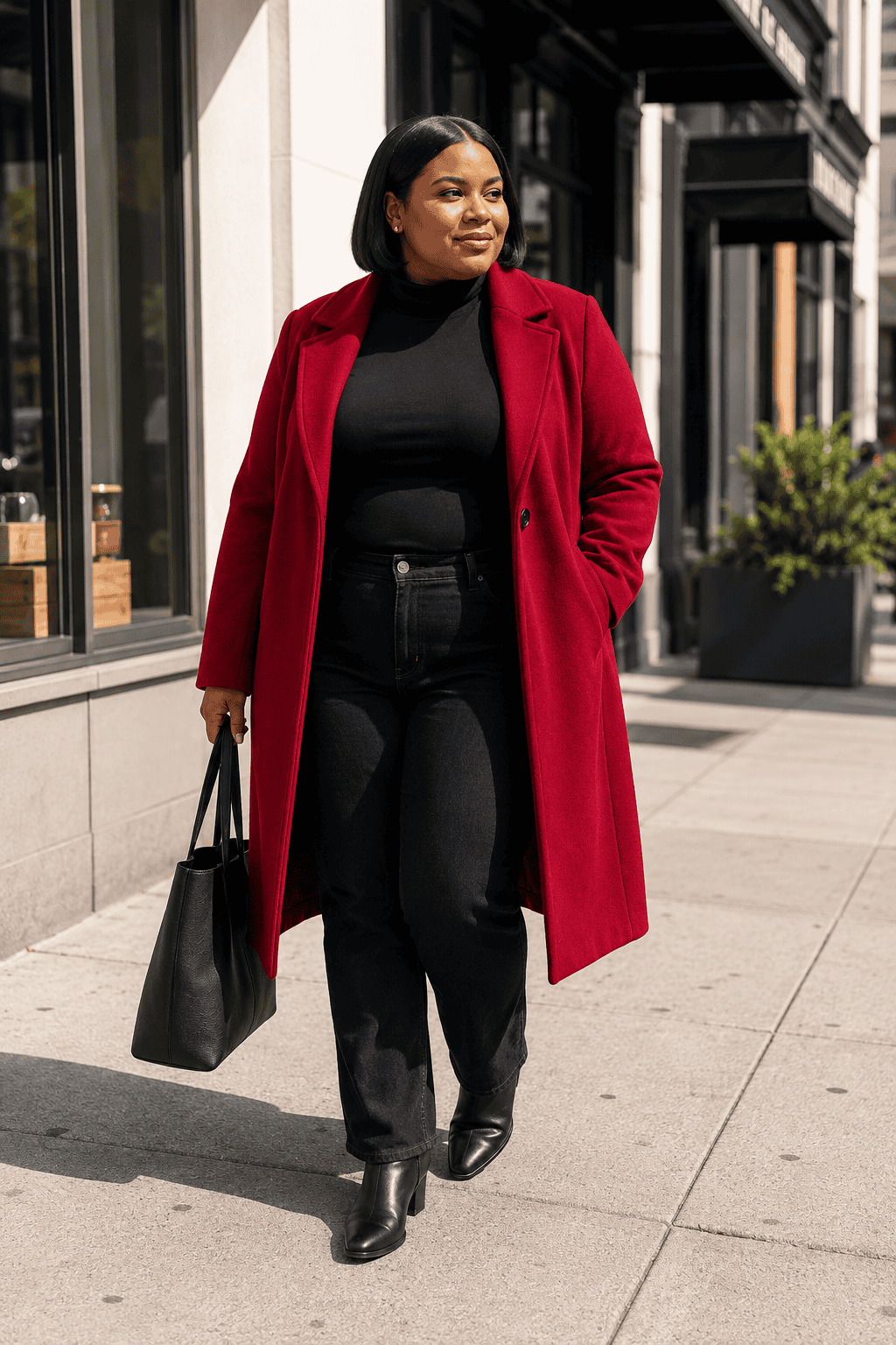 Plus size woman in a red coat and black outfit walking on city sidewalk.