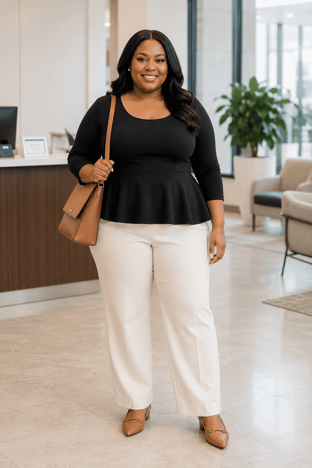 Plus size woman in fall outfit with black top and white pants at a modern office.