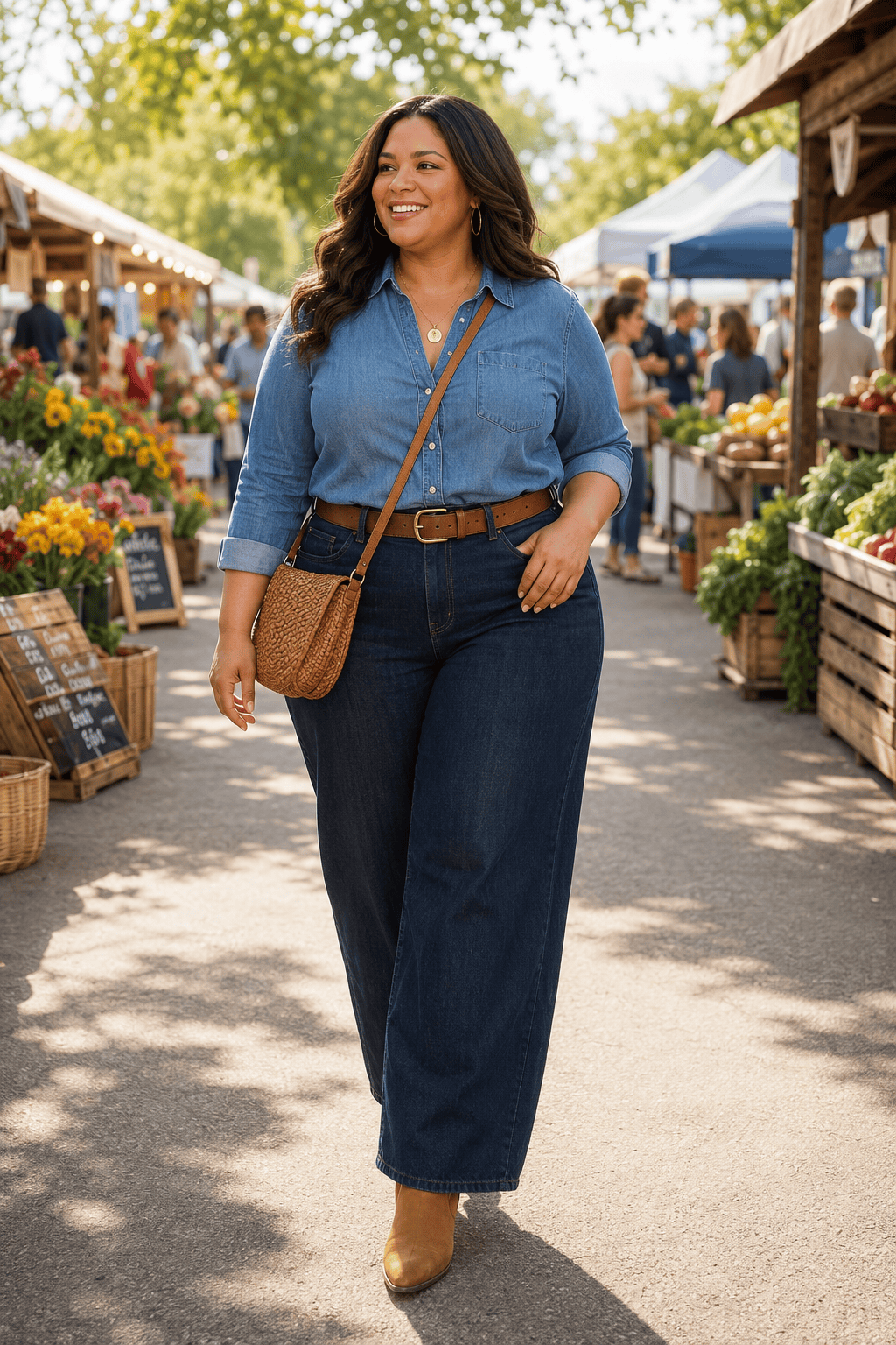 Plus size woman in denim outfit shopping at outdoor market.
