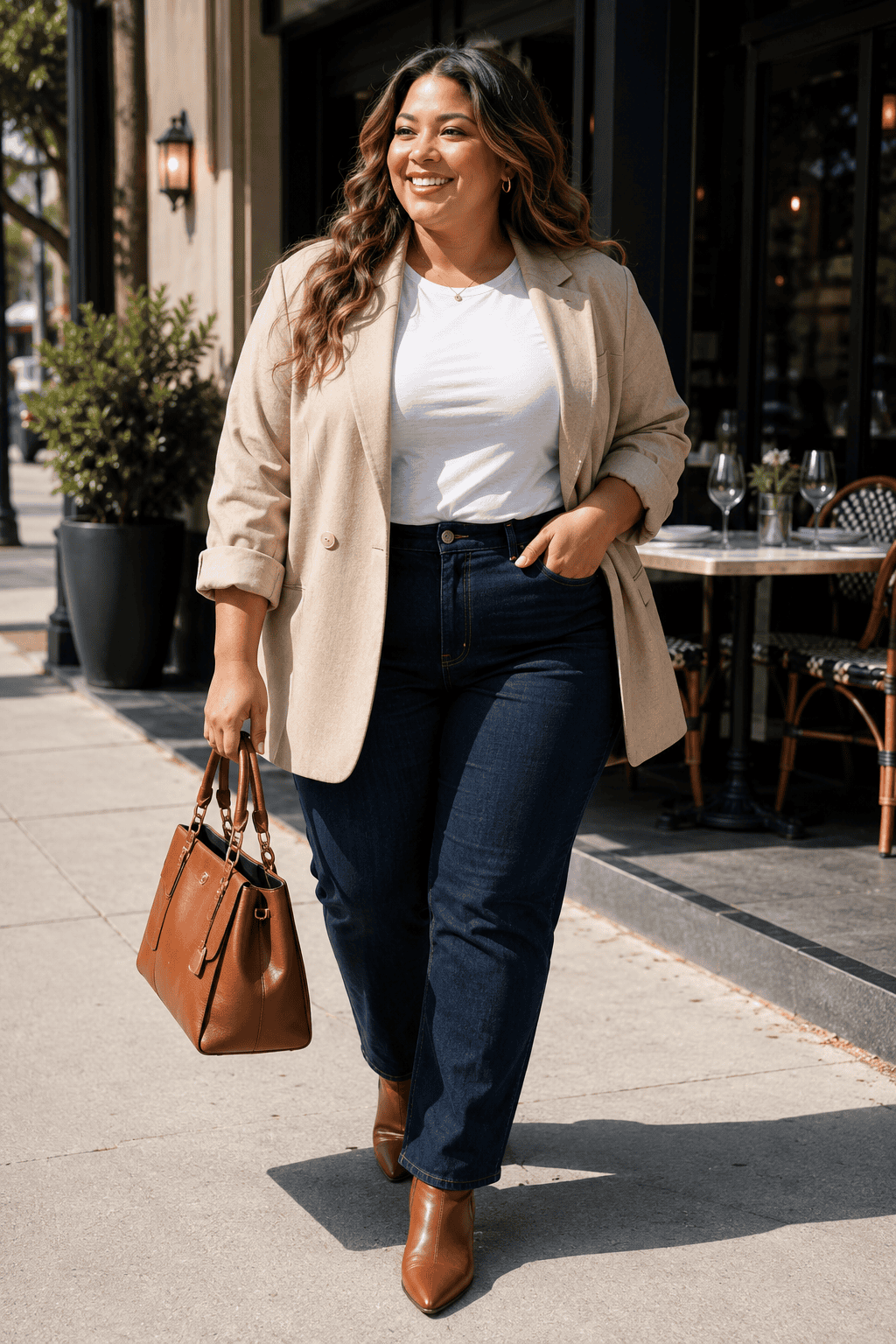 Plus size woman in fall outfit walking outdoors with a smile.