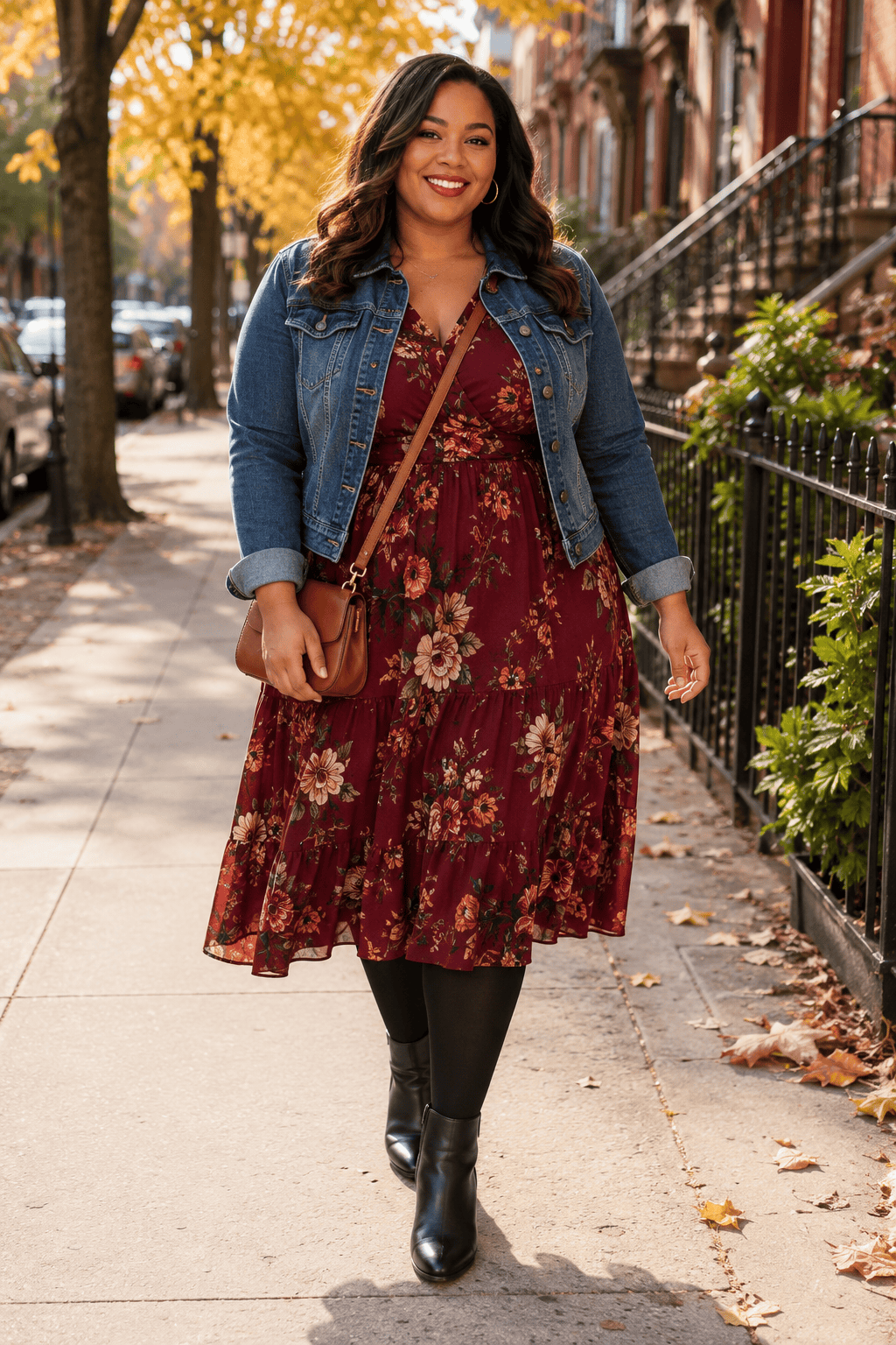 Plus size woman in floral dress and denim jacket walking on autumn street.