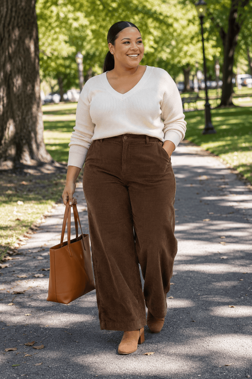 Plus size woman in fall outfit walking in park with brown pants and white sweater.