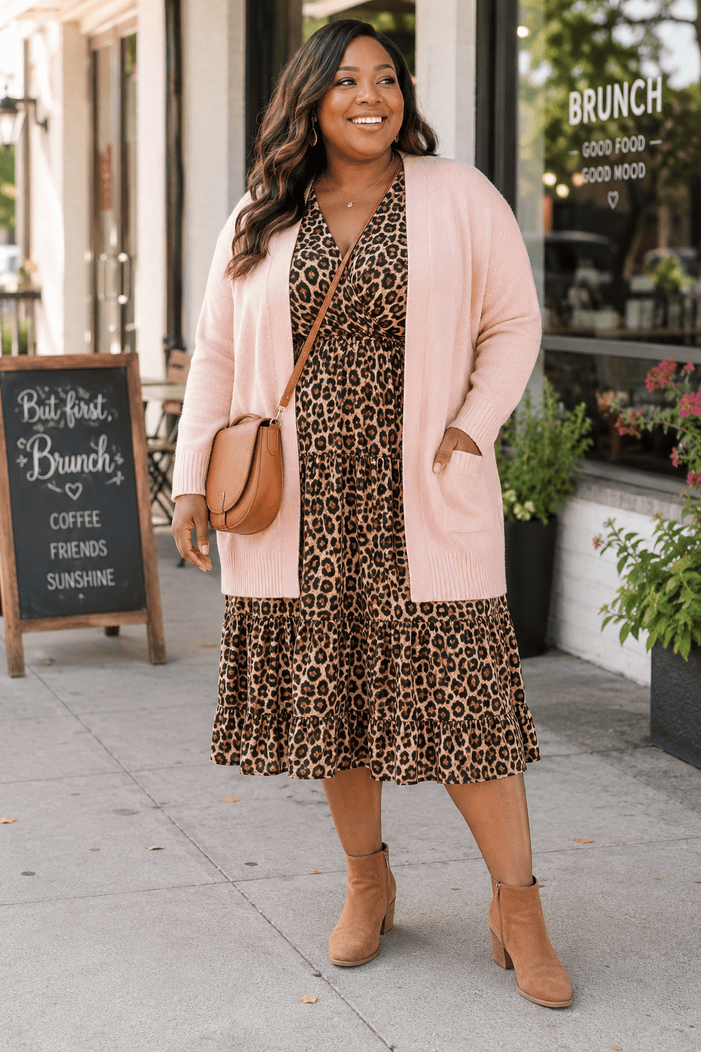 Plus size woman in leopard print dress and pink cardigan outside cafe.