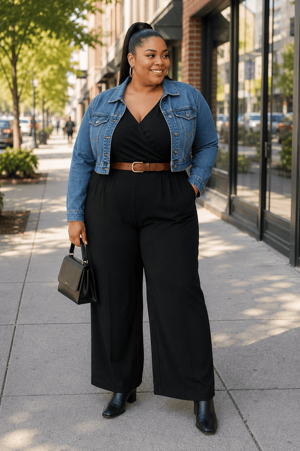 Plus size woman in black outfit and denim jacket walking outdoors.
