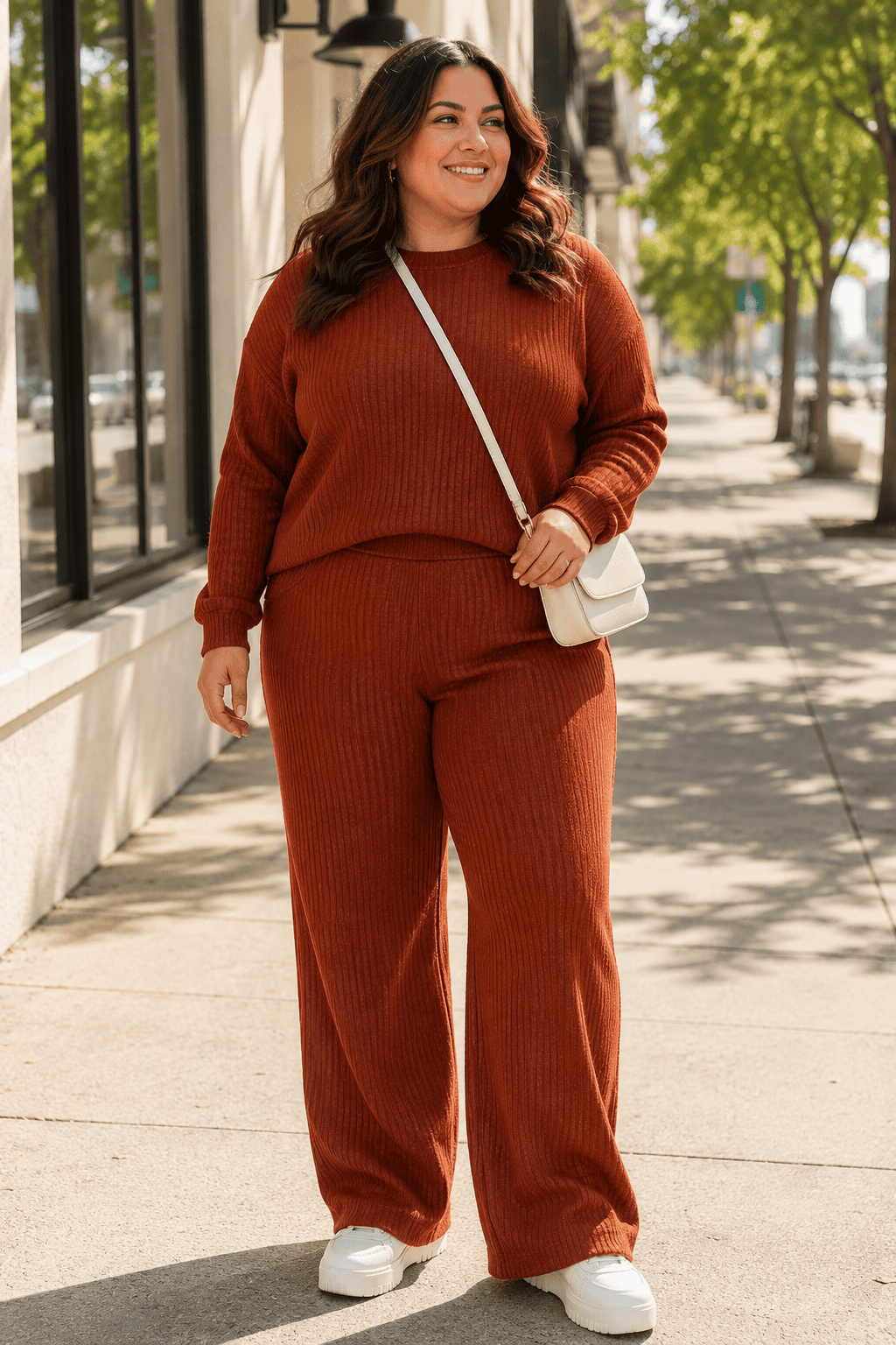 Plus size woman in rust-colored fall outfit walking on city sidewalk.