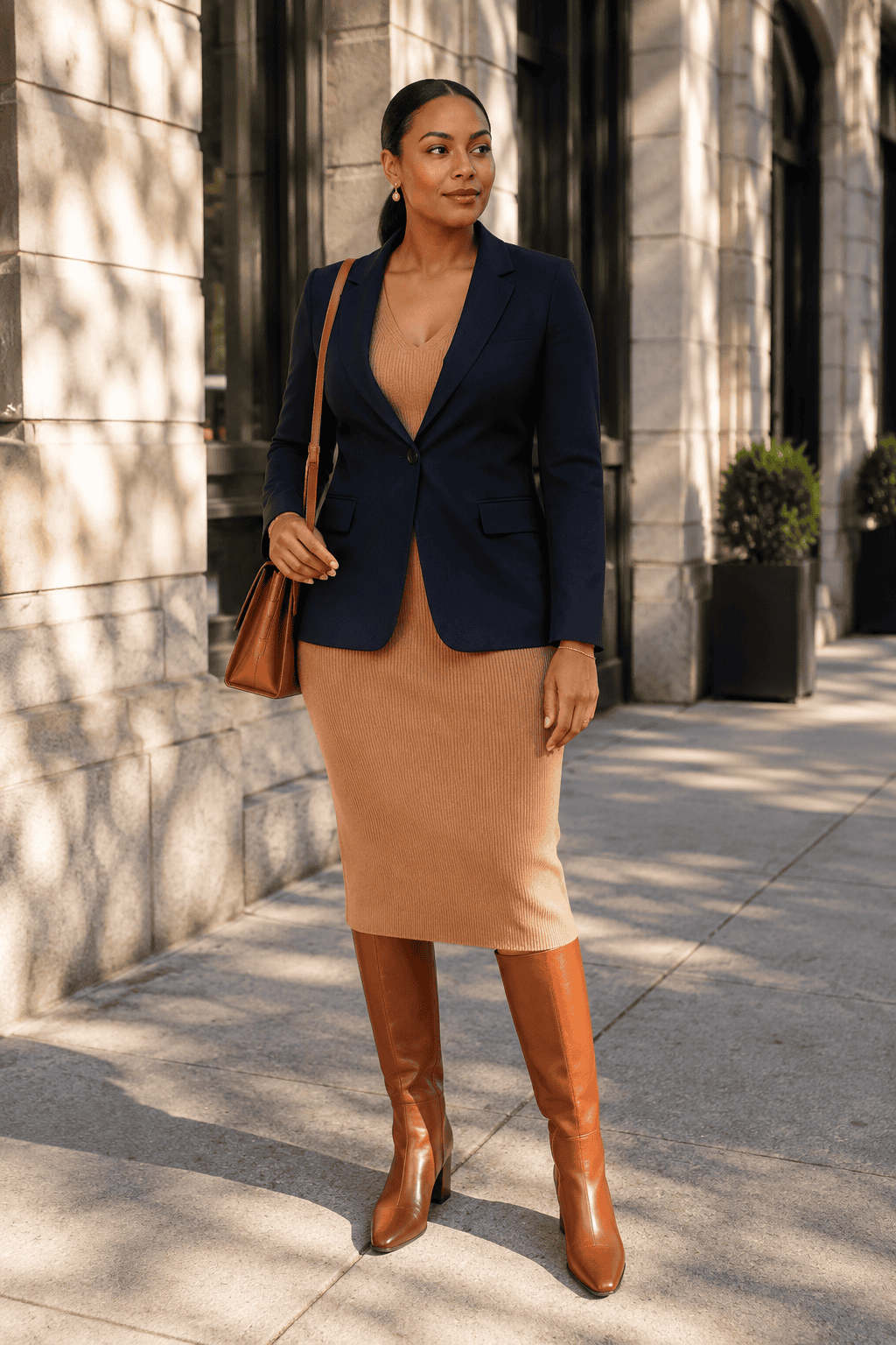 Chic fall office outfit with navy blazer, beige pencil skirt, and knee-high brown boots.