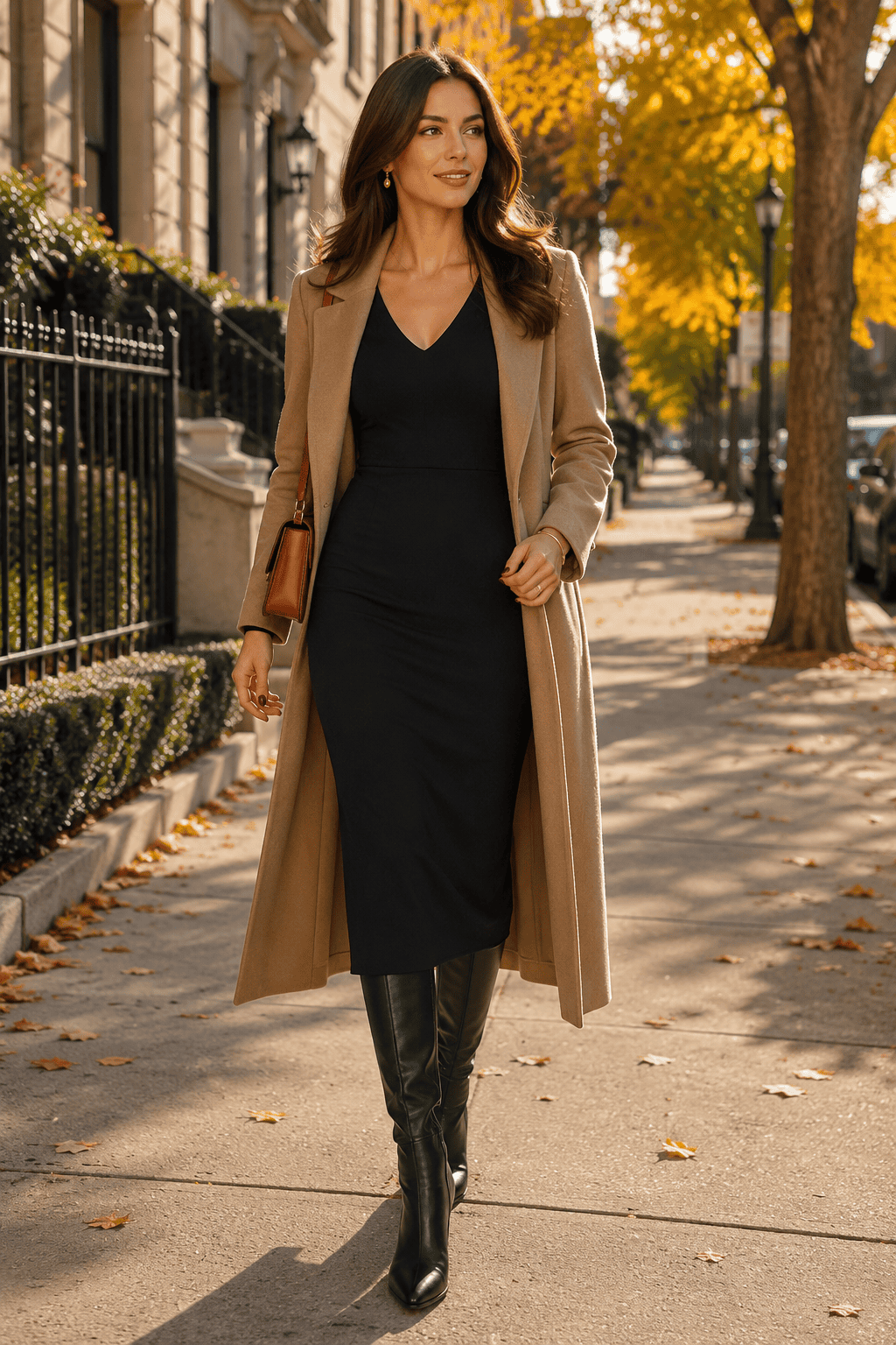 Elegant woman in fall outfit with camel coat and black dress walking on city sidewalk.