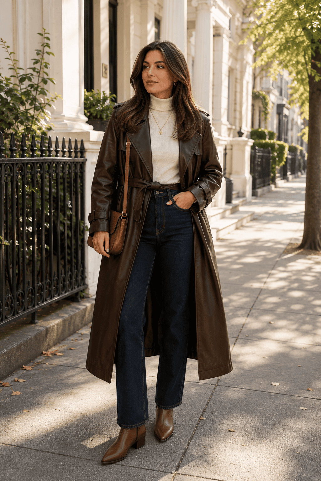 Chic woman in fall outfit with long brown coat and boots on city sidewalk.