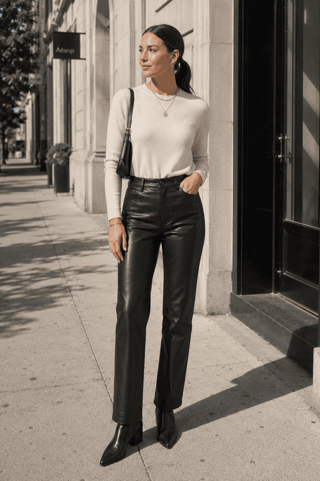Chic woman in fall outfit with leather pants and sweater on city sidewalk.