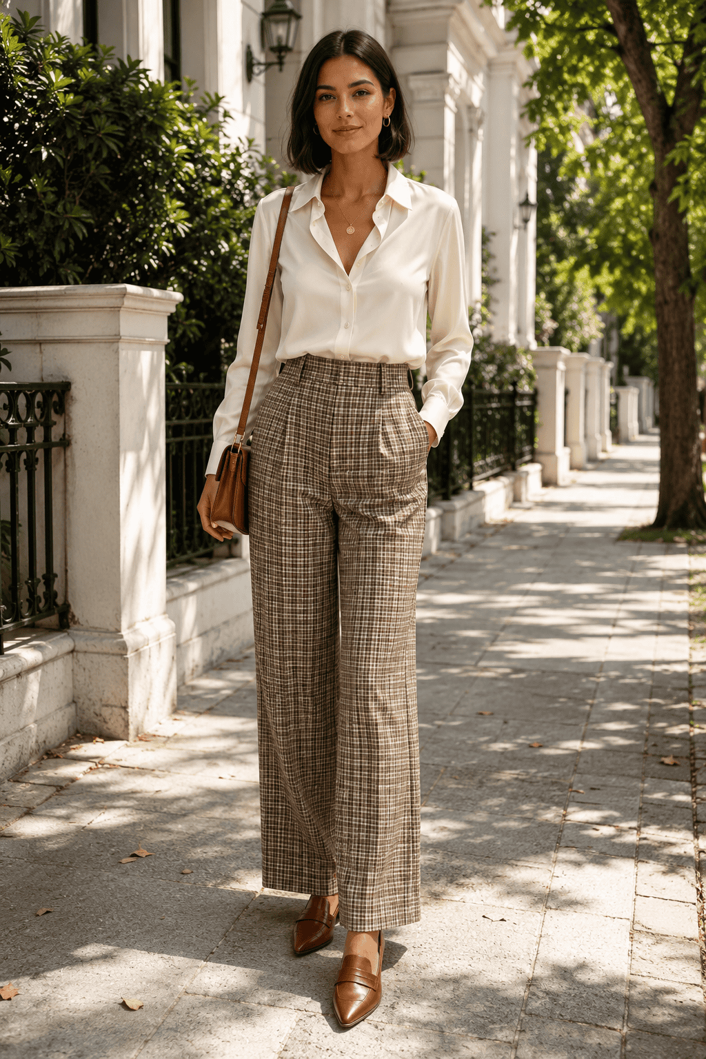 Chic woman in fall outfit with plaid trousers and white blouse on city sidewalk.