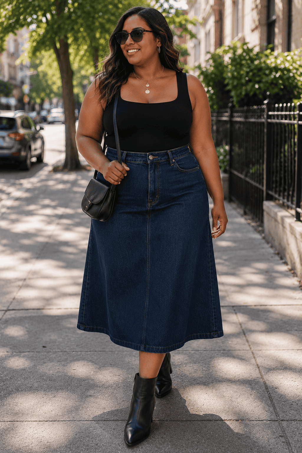 Plus size woman in black tank top and denim skirt walking on city sidewalk.