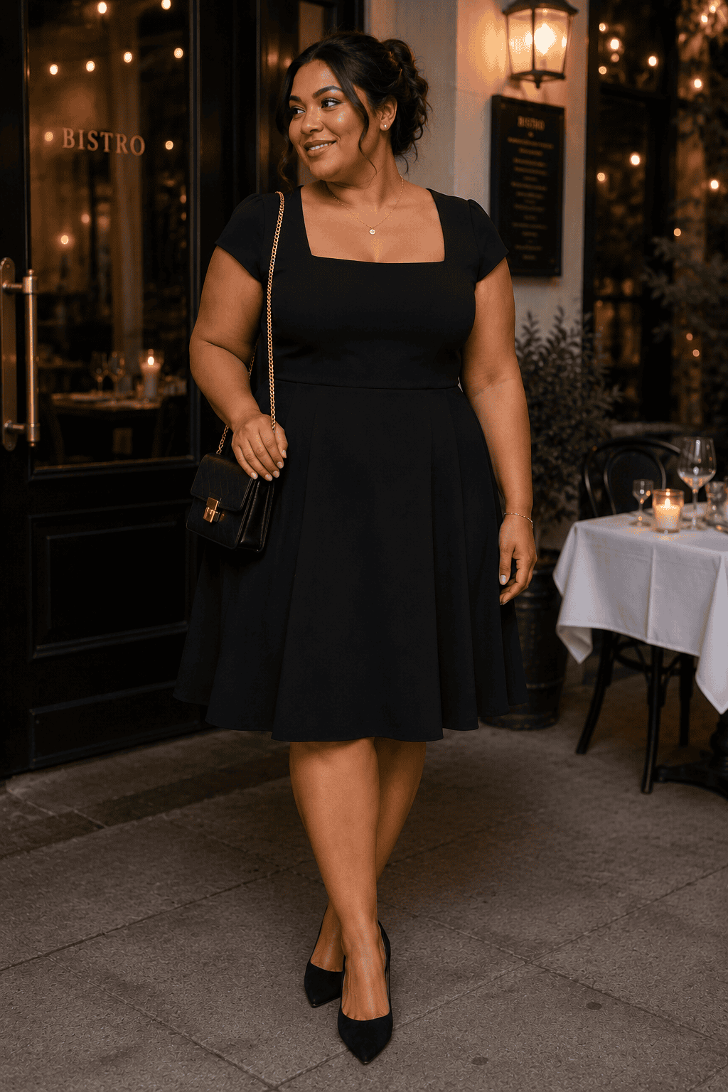 Plus size woman in black dress with purse at outdoor restaurant.